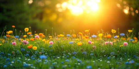 Colorful Wildflowers at Sunset in a Lush Meadow - obrazy, fototapety, plakaty