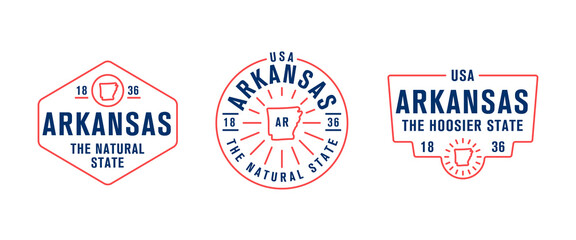 Vector set of vintage logos, emblems, silhouettes and design elements of the state of Arkansas, USA.
