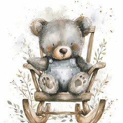 a watercolor of a teddy bear sitting in a rocking chair
