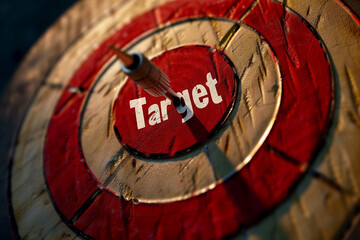 Creative illustration of red, black and yellows round shaped target with thin arrow representing concept of setting goals correctly, no background - obrazy, fototapety, plakaty