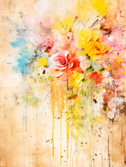Grunge background with flowers, watercolor paints and splashes.