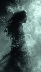 a woman in smoke with her hair blowing in the wind