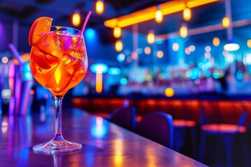 Aperol cocktail with a slice of orange, ice and a straw on a bar counter in a night club. Nightclub