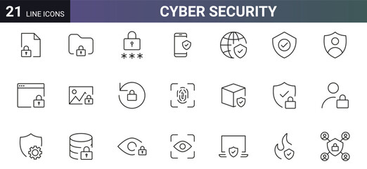 Security line icons Data protection symbol. Cyber security icon set, password, secured, privacy, locked, unlock, file, pin code, firewall, scan eye, fingerprint, Shield check mark icon. Vector element