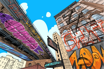 New York street painted with grafitti. USA. Hand drawn city sketch. Vector illustration.