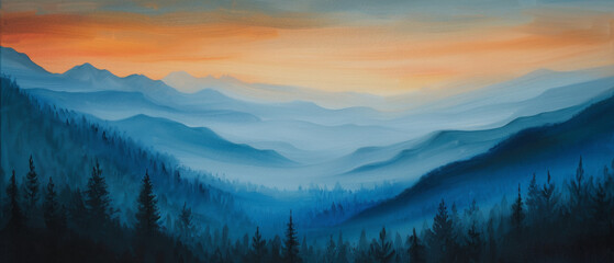 Minimal oil painting of mountain landscape at dawn.