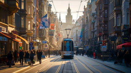 Vibrant city street lined with beautifully preserved historic buildings, buzzing with activity as vintage trams glide past. A perfect blend of history and modern urbanism. - obrazy, fototapety, plakaty
