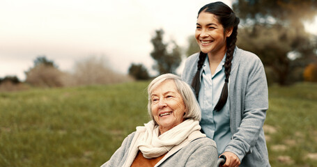 Happy, senior woman and outdoor with caregiver, nurse or healthcare service for person with a...