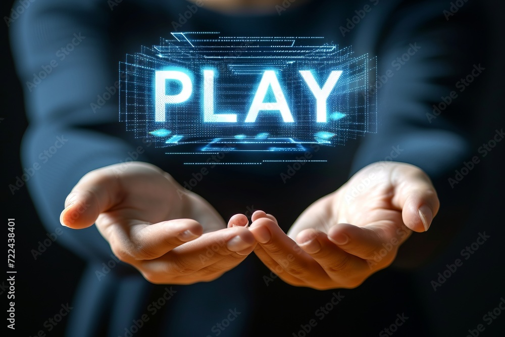 Poster futuristic holographic play text icon on mobile phone, creating captivating visual experience
