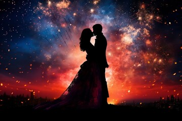 Couple kissing silhouette of fireworks at night romantic background