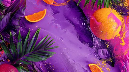 Obraz na płótnie Canvas Creative layout made of tropical leaves, fruits and splashes on purple background. Orchid Funk color