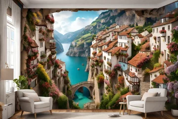 Schilderijen op glas A 3D mural wallpaper featuring a panoramic view of a European cliffside village, with pearl flowers adorning the balconies and streets, adding a touch of whimsy and charm. 8k © Muhammad