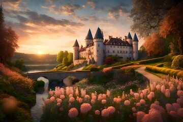 A mural showcasing a riverside castle at sunrise, with gardens of pearl flowers glowing in the morning light. 8k