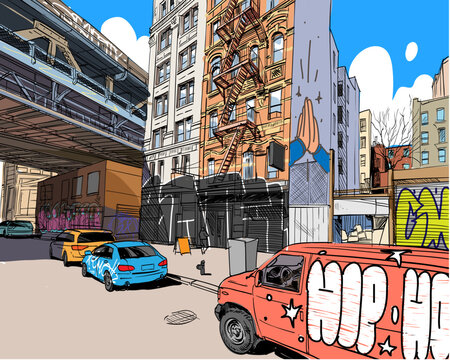 New York street painted with grafitti. USA. Hand drawn city sketch. Vector illustration.