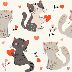 Seamless pattern with cute colorful Kittens. Creative childish pink texture. Great for fabric, textile Vector Illustration