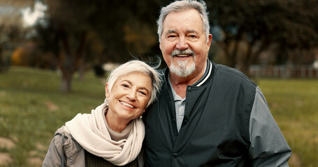 Face, love and happy with a senior couple outdoor in a park together for a romantic date during...