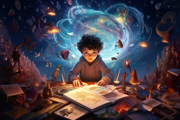 illustration of a child doing homework at his desk, he is surrounded by books and antique objects. the background shows an old cibilization and in the middle a universe to discover