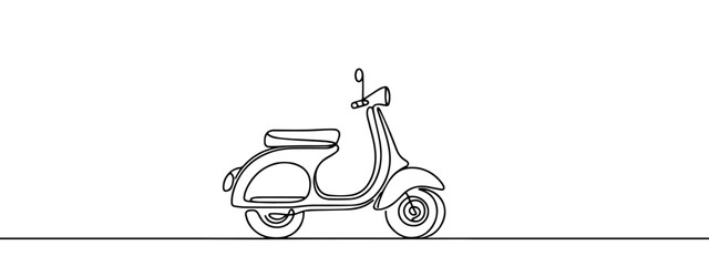 Continuous one line drawing Scooter transport icon. Modern scooters motorcycle for urban citizen. Cute stylish vintage retro scooter for delivery. Single line draw design vector graphic illustration