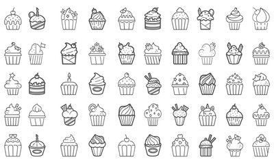 Cake doodle illustration including icons - pie, slice, bakery, sweets, easter, piece, fruits. Thin line art about dessert products. coloring pages 