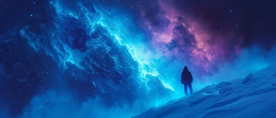Foto op Plexiglas Man climbing a snowy mountain, conquers the summit and encounters a path of glowing particles. Conquering the summit even though the route is not always easy. Artistic and surreal illustration. © Synaptic Studio