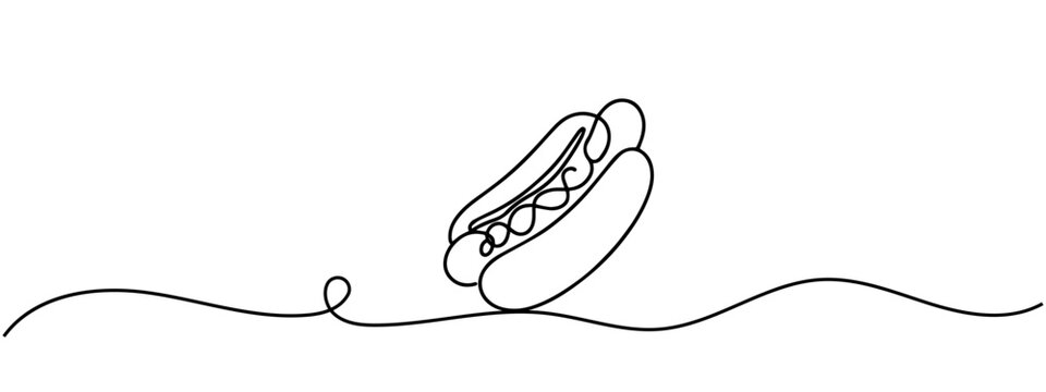 recommend clip art: One line continuous hot dog fast food symbol concept. Silhouette of buns with sausage and mustard unhealthy snack. Digital white single line sketch drawing vector illustration