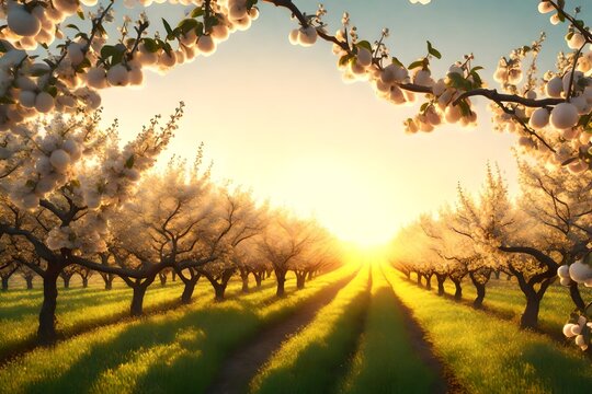 A sunrise scene in a orchard, with pearl flowers among the fruit trees, symbolizing growth and new beginnings. 8k