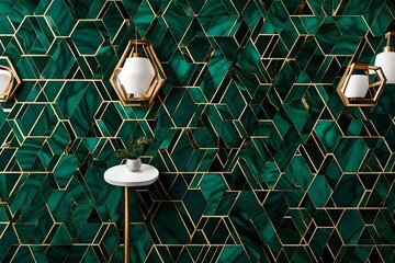 Wallpaper with a luxurious blend of emerald green marble and warm cherry wood hexagon tiles, each piece embellished with intricate white and golden designs, interconnected by sleek black seams. 8k