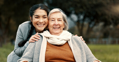 Portrait, senior woman and outdoor with caregiver, nurse or healthcare service for person with a...