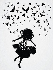 Ascension to heaven, angel. Flying woman. Afterlife. Flying bird flock