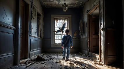boy in abandoned house