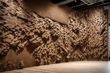 A contemporary art installation using oak and walnut wood wicker 3D panels, focusing on the seamless texture and natural hues. 8k