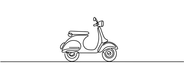 Continuous one line drawing Scooter transport icon. Modern scooters motorcycle for urban citizen. Cute stylish vintage retro scooter for delivery. Single line draw design vector graphic illustration © Марина Чаленко