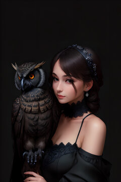 Young beautiful woman in black dress with owl.