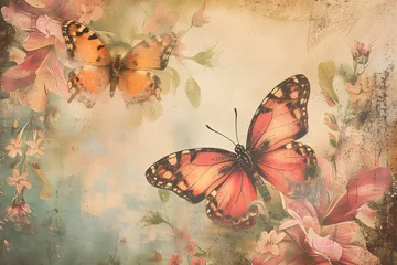 Papier Peint photo autocollant Papillons en grunge Vintage orange butterflies on floral, wide artistic piece, decorative paper.