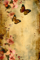 Aged floral butterfly print, beige backdrop, artistic decorative scrapbooking paper.