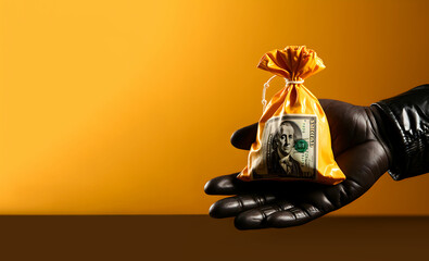 Banner Hand holding a gold money bag with dollar bills on a yellow background