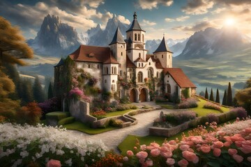 A 3D mural wallpaper of a hilltop monastery, surrounded by gardens of pearl flowers, blending spiritual serenity with natural beauty in a harmonious composition. 8k