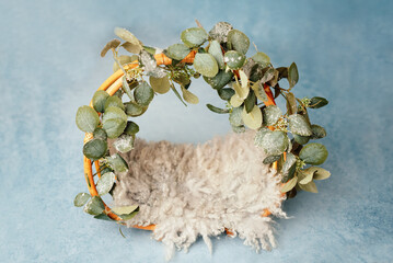 Newborn Digital Background Spring flowers Basket Prop for Newborn. For boys and girls. Blue back. shoot set up with prop bed and wood backdrop