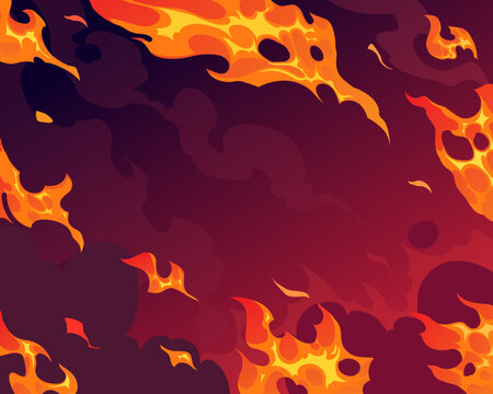 Fantastic fire flames, smoke backgrounds. Comic book art. Design game template. Hand drawn vector illustration. 