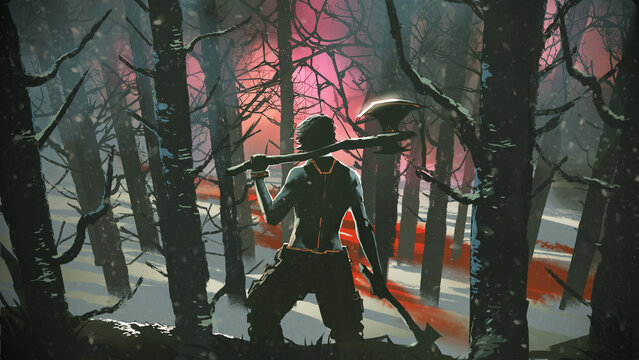 A man holding axes looking at the red light deep in the forest, digital art style, illustration painting