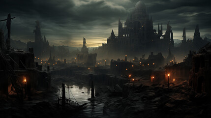 Ancient city at night with storm clouds