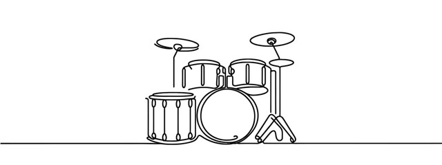 Drum set in one line. Drums drawing. Musical instrument. For different uses. Vector illustration