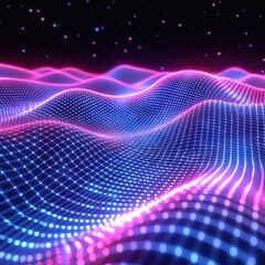 Obraz premium Abstract wave made out of grids that are seen from a cinematic view of one of the holy geometry shapes, the shape is clearly animated, clear neon lines, 3d render, nothingness.