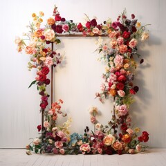 A realistic composition of flowers, plants, leaves on a wooden frame stands on the floor on a beige background. Wedding decoration, invitation without text.