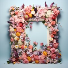 Realistic composition of flowers, plants, leaves in the shape of a frame on a blue background. Template for a postcard, invitation, flyer. Wooden frame with flowers on the wall.