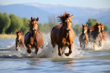 horses racing river, copy space - json format.  title. horses racing river, copy space