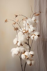 a vase with cotton flowers and a branch created with Generative AI
