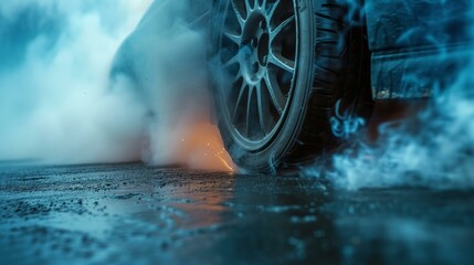 High-speed car tire drift with dynamic smoke and water spray on a wet asphalt road - obrazy, fototapety, plakaty