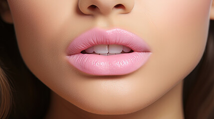 Pastel Dreams: A Captivating Close-Up of a Womans Pink Lipstick Smile