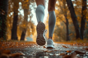 Jogging in an autumn park, athletic legs in sneakers close up, low angle. Concepts: sports, healthy lifestyle, strength, endurance, beautiful body, sports shoes, active recreation - obrazy, fototapety, plakaty